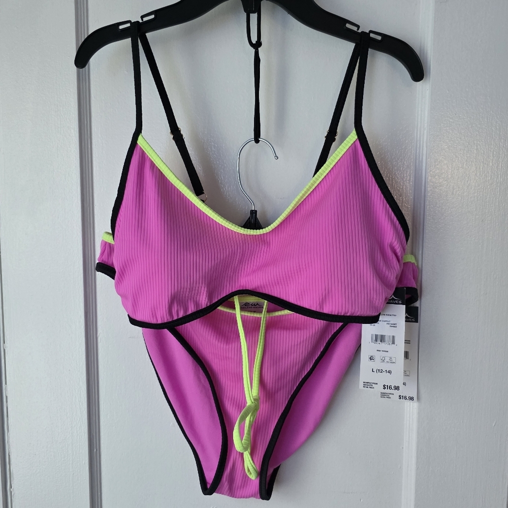 Endless Waves Neon Pinkish Purple Citron Black Ribbed Bikini Set With SPF
